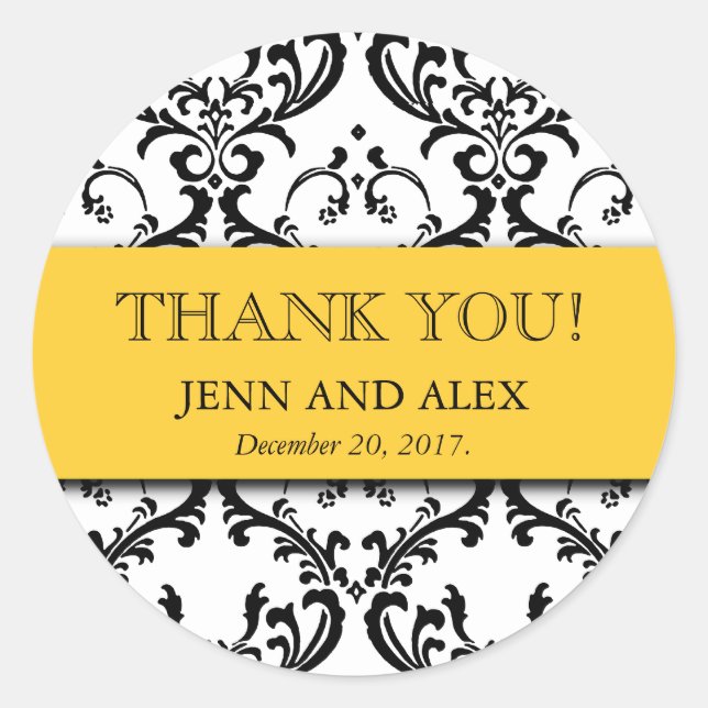 Sticker Rond Merci de damassé épousant le jaune de faveurs (Devant)
