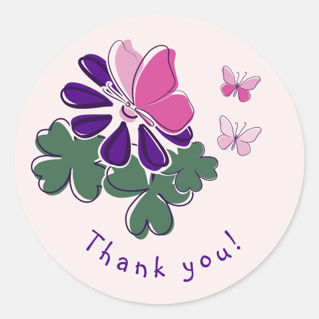 Sticker Rond Merci de doodle rose papillon pourpre en fleur ! (Devant)