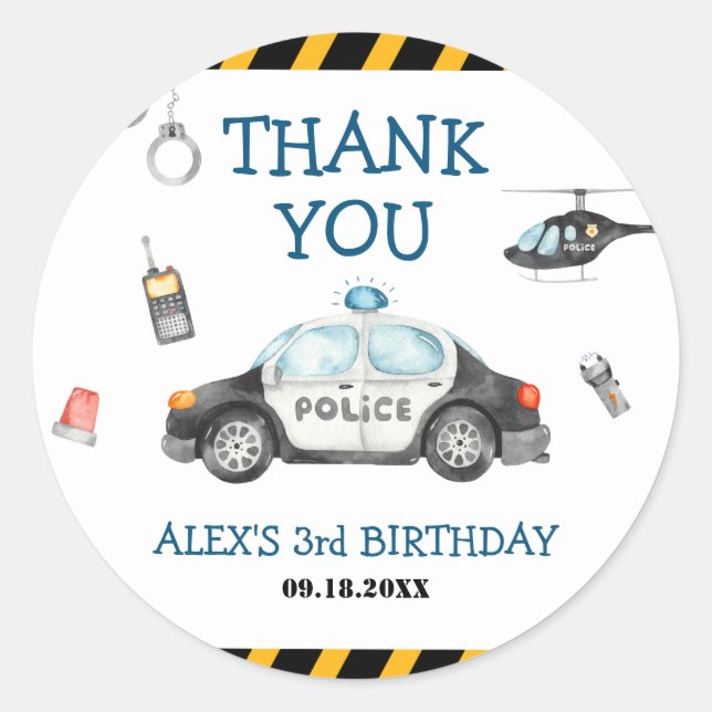 Sticker Rond Merci de fête d'anniversaire de la police de l'enf (Devant)