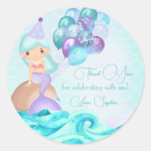 Sticker Rond Merci de fête d'anniversaire de la Sirène Turquois