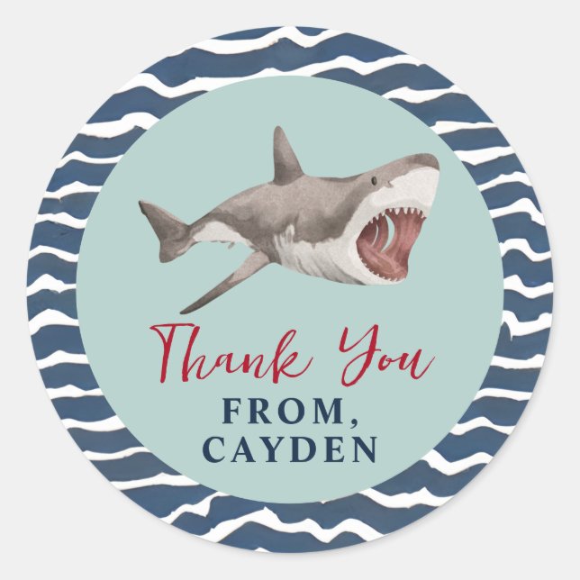 Sticker Rond Merci de fête d'anniversaire de requins (Devant)