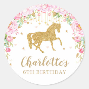 Sticker Rond Merci de fête d'anniversaire du Cheval rose et fl