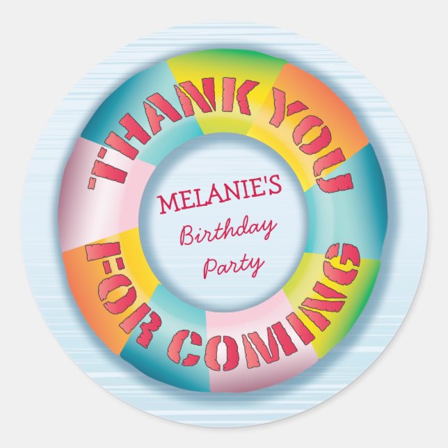 Sticker Rond Merci de fête de la piscine d'anniversaire Favoris (Devant)