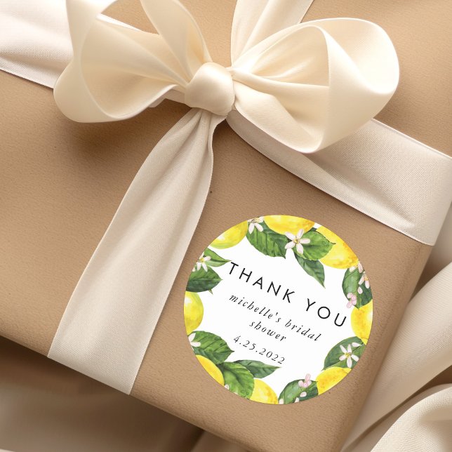 Sticker Rond Merci de Fête des mariées de couronnes de citron d (Watercolor Lemon Wreath Bridal Shower Thank You Classic Round Sticker)