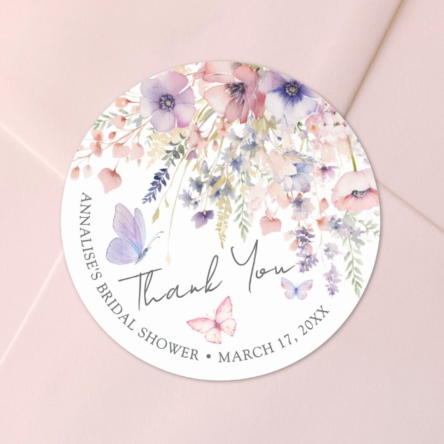 Sticker Rond Merci de Fête des mariées Fleur sauvage papillon (Butterfly Wildflower Bridal Shower Thank You Classic Round Sticker)