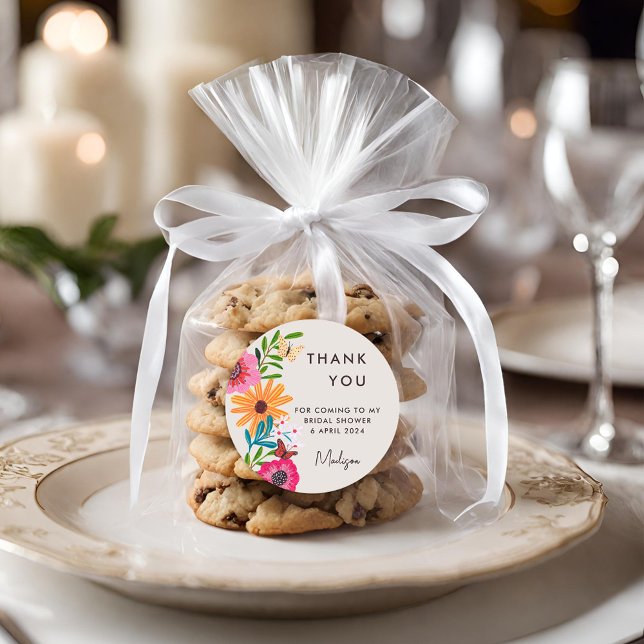 Sticker Rond Merci de Fête des mariées Fleur sauvage rose clair (Bright Pink Wildflower Bridal Shower Thank You Classic Round Sticker)