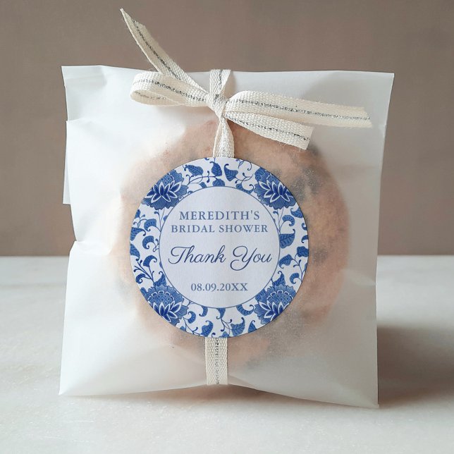 Sticker Rond Merci de Fête des mariées Floral Bleu & Blanc Favo (Handpainted blue and white antique pattern Bridal Shower Favor or Baby Shower thank you sticker)