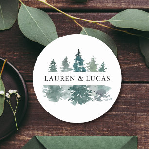 Sticker Rond Merci de forêt de pins rustiques Mariage
