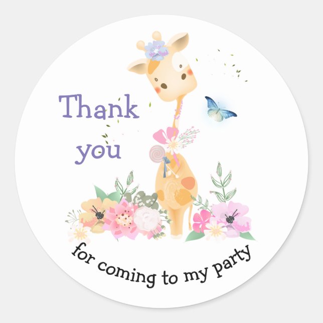Sticker Rond Merci de girafe pour venir à mon parti (Devant)