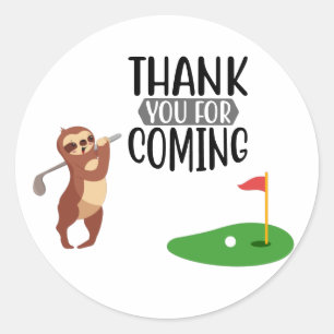 Sticker Rond Merci de golf avec texte et drapeau Golfer Sloth