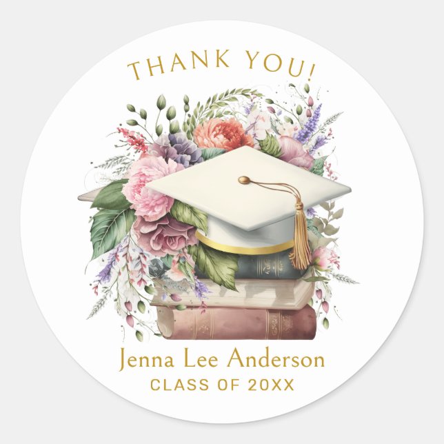 Sticker Rond Merci de graduation Aquarelle Floral Casquette bla (Devant)
