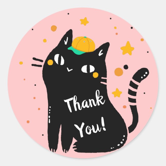 Sticker Rond Merci de Kitty noir mignon (Devant)
