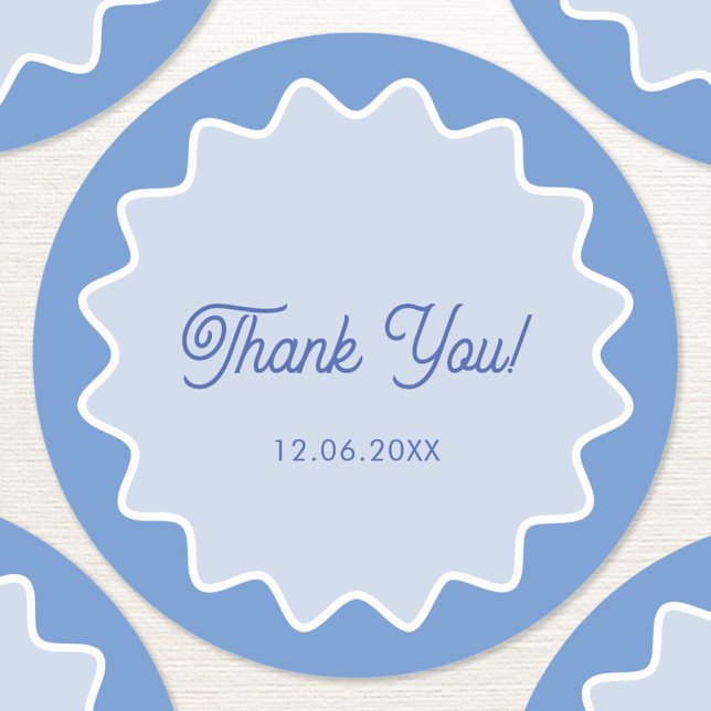 Sticker Rond Merci de la bordure de courbe bleue rétro (Personalized date wavy retro thank you sticker)