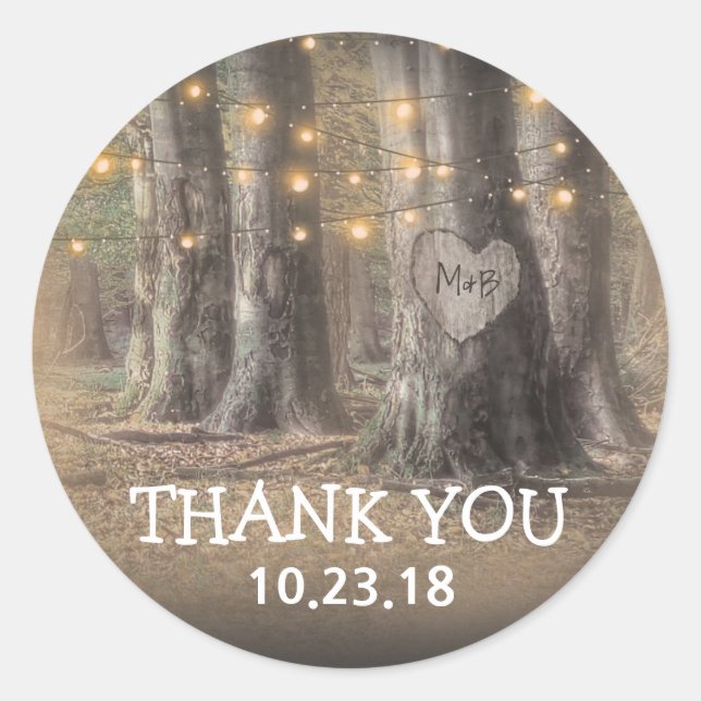 Sticker Rond Merci de l'arbre rustique et des lumières à chaîne (Devant)