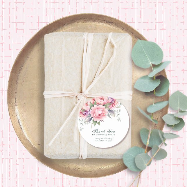 Sticker Rond Merci de Mariage à script de fleurs rose vif (Créateur téléchargé)