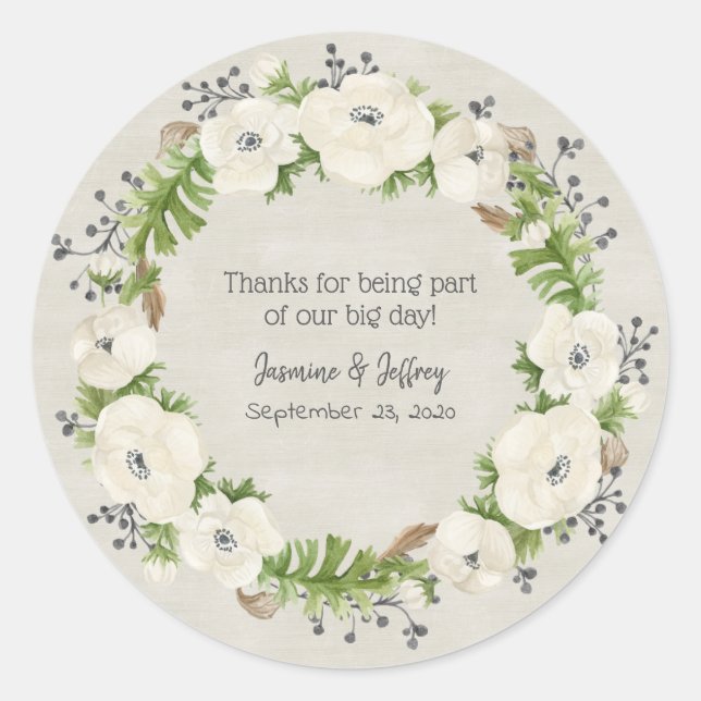 Sticker Rond Merci de Mariage blanc anémoné (Devant)