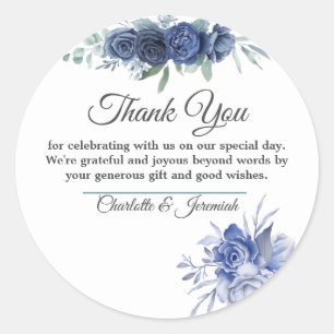 Sticker Rond Merci de Mariage bleu-duvet d'aquarelle Floral