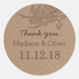 Sticker Rond Merci de Mariage campagnard Feuille rustique