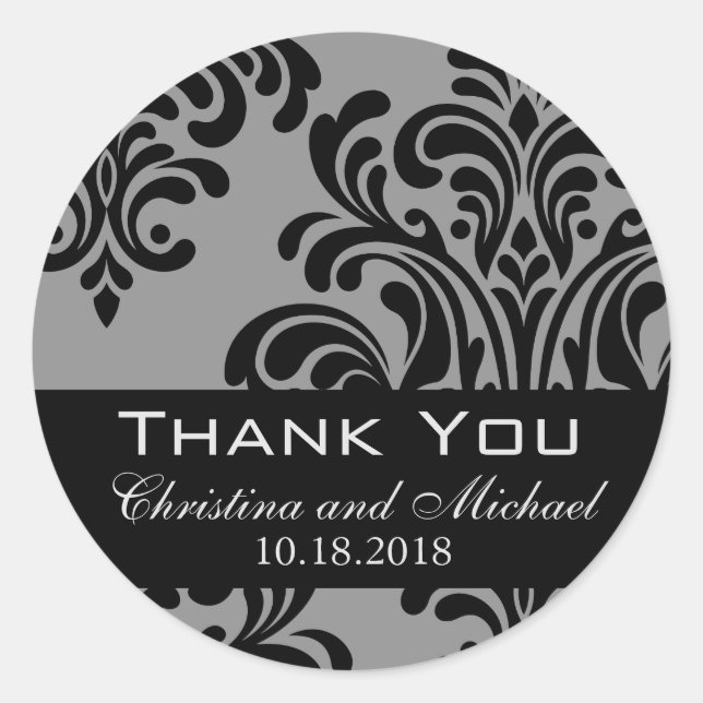 Sticker Rond Merci de Mariage damassé noir et gris (Devant)