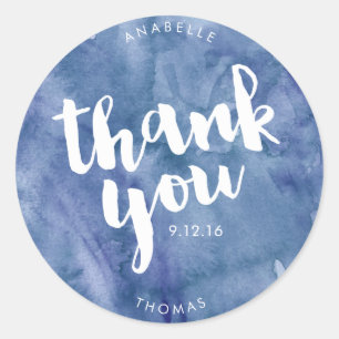 Sticker Rond Merci de Mariage d'aquarelle bleu