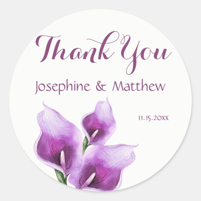 Sticker Rond Merci de Mariage d'aquarelle violet Calla Lillies (Devant)