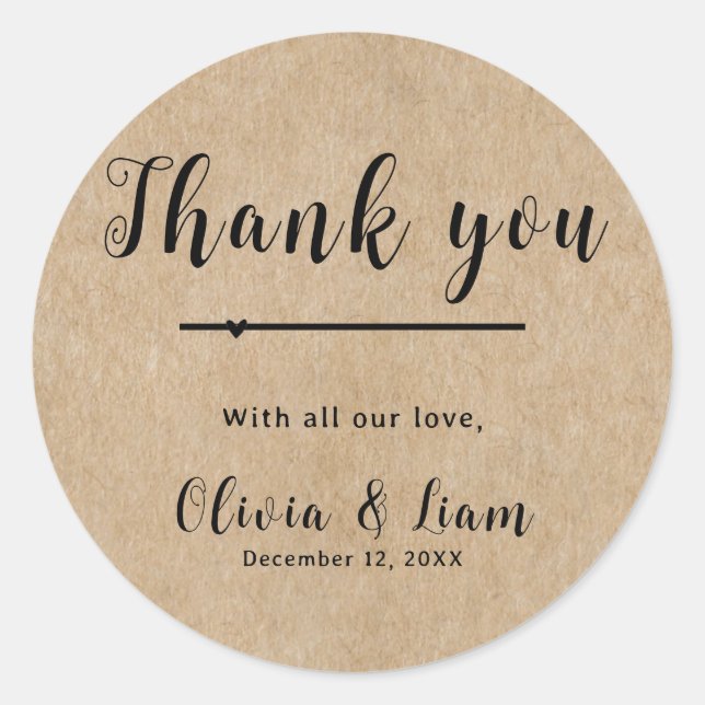 Sticker Rond Merci de Mariage de papier rustique (Devant)