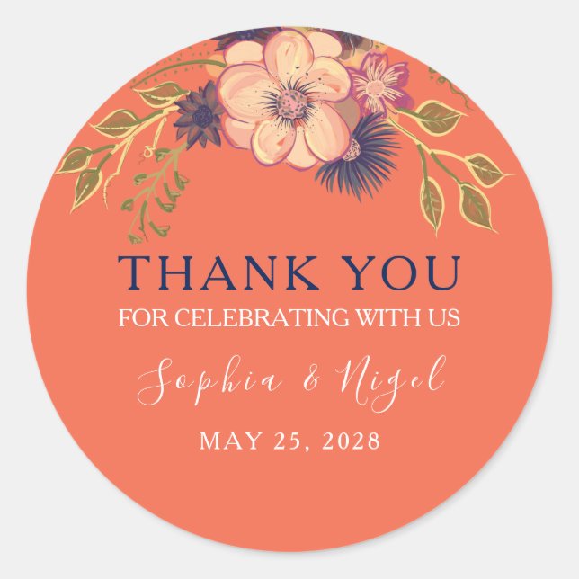 Sticker Rond Merci de Mariage de Pêche Florale (Devant)