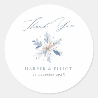 Sticker Rond Merci de mariage d'hiver moderne Blue Snowflake