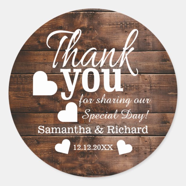 Sticker Rond Merci de Mariage en bois Brown rustique (Devant)