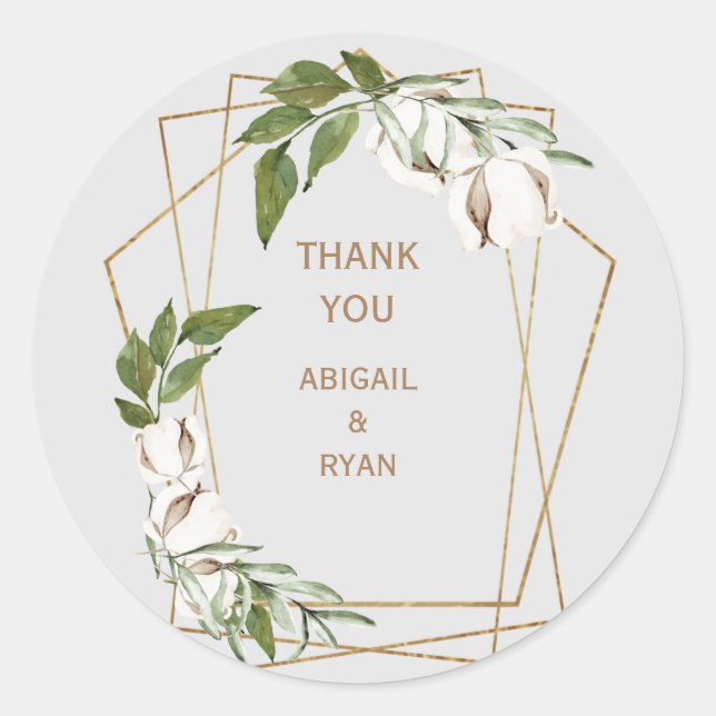 Sticker Rond Merci de Mariage gris géométrique et coton-feuilla (Devant)