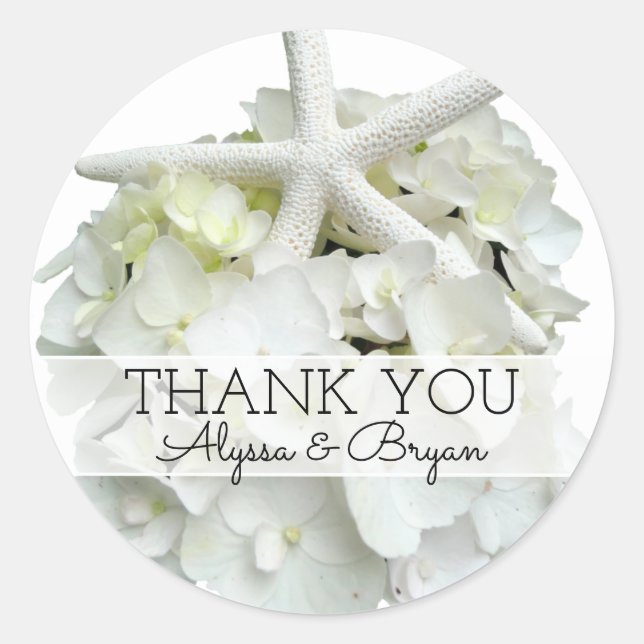 Sticker Rond Merci de Mariage Hydrangea Starfish blanc (Devant)