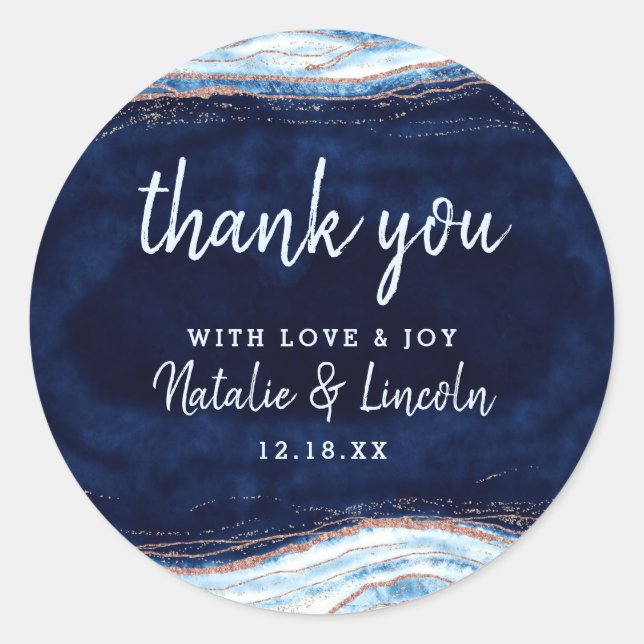 Sticker Rond Merci de Mariage Rose d'or Sapphire Blue (Devant)