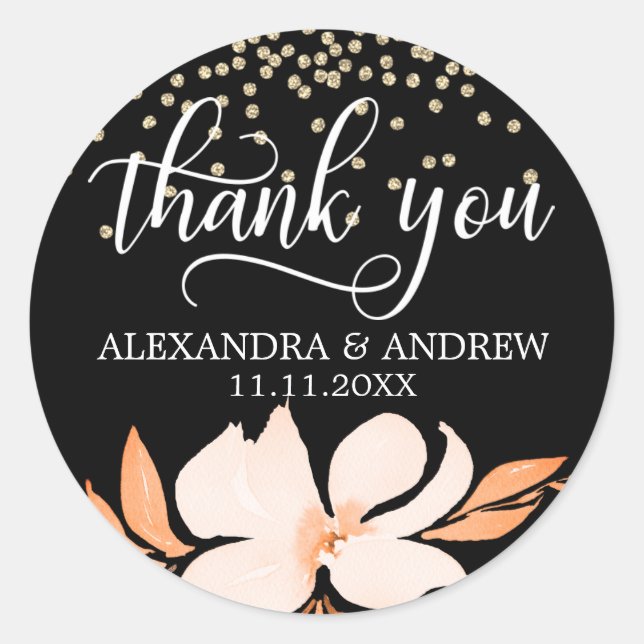Sticker Rond Merci de Mariage rose rose de Pêche noir (Devant)