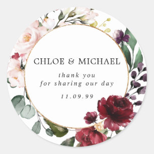 Sticker Rond Merci de Mariage rose rouge et bleu