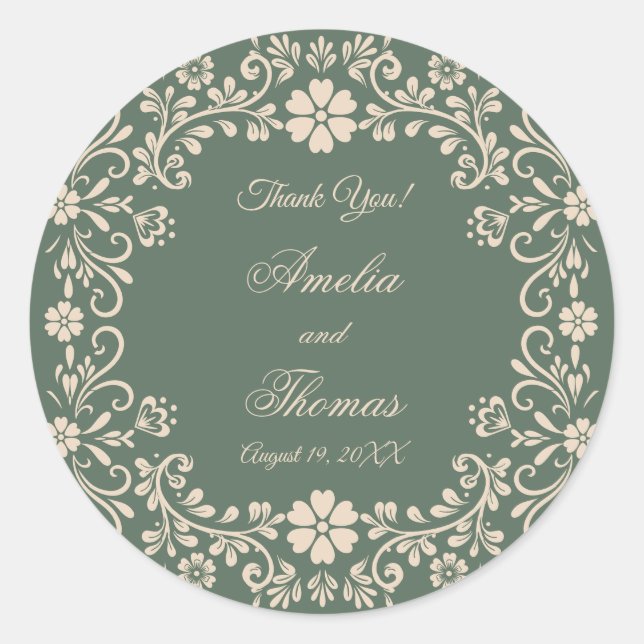 Sticker Rond Merci de Mariage vert rustique (Devant)