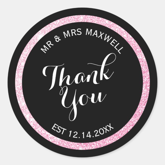 Sticker Rond Merci de Parties scintillant noir et rose personna (Devant)