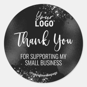 Sticker Rond Merci de Parties scintillant noir pour votre logo 
