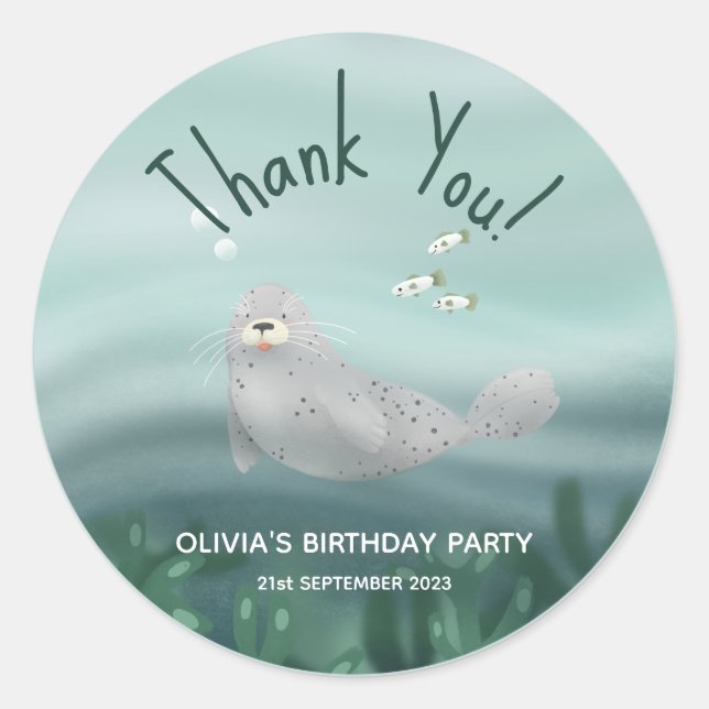 Sticker Rond Merci de phoque bleu mou Anniversaire de enfant (Devant)