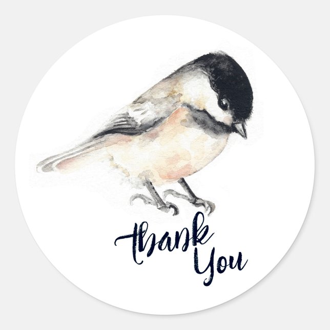 Sticker Rond Merci de poulet (Chickadee Watercolor Art round sticker from Jenn's Emporium. )