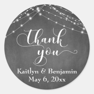 Sticker Rond Merci de script Mariage Chalkboard & White Lights