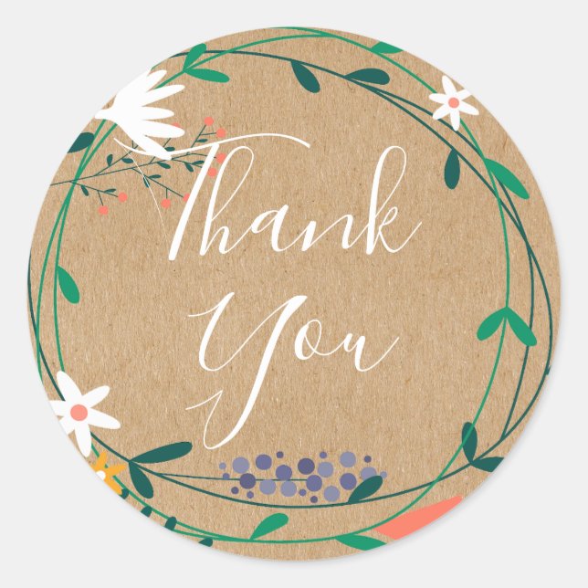 Sticker Rond Merci de script Rustique Floral Garland (Devant)