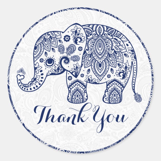 Sticker Rond Merci d'éléphant floral bleu Paisley (Devant)