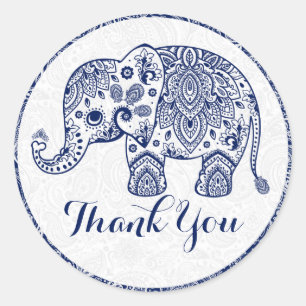 Sticker Rond Merci d'éléphant floral bleu Paisley