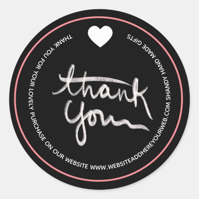 Sticker Rond Merci d'entreprise de script à main rose noir (Devant)