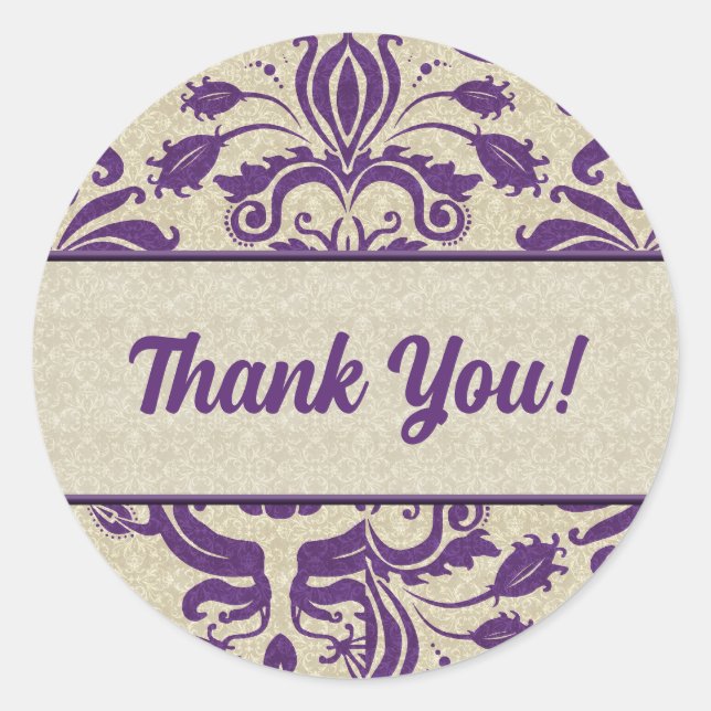 Sticker Rond Merci d'entreprise pourpre et étoupe Damask (Devant)