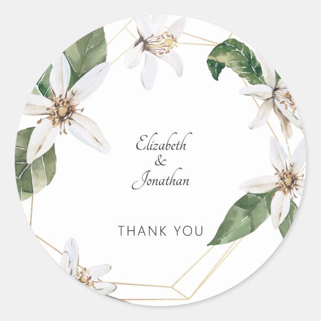 Sticker Rond Merci des noms de Mariages floraux blancs (Devant)