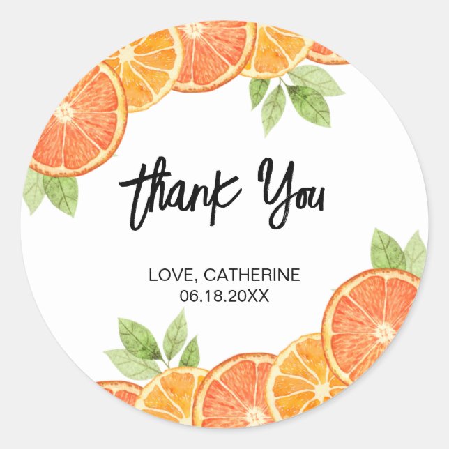 Sticker Rond Merci d'été de tranche d'agrumes orange moderne (Devant)