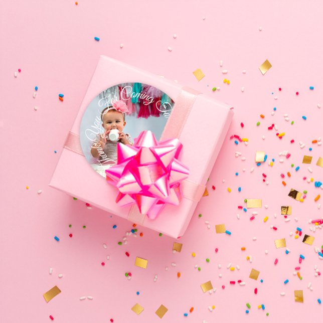 Sticker Rond Merci D'Être Venu À Mon Parti Photo Anniversaire (Baby Shower Custom Photo Sticker FlornceK Cute Thank You )