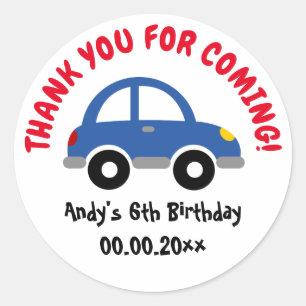 Sticker Rond Merci d'être venu voiture de jouets fête d'anniver