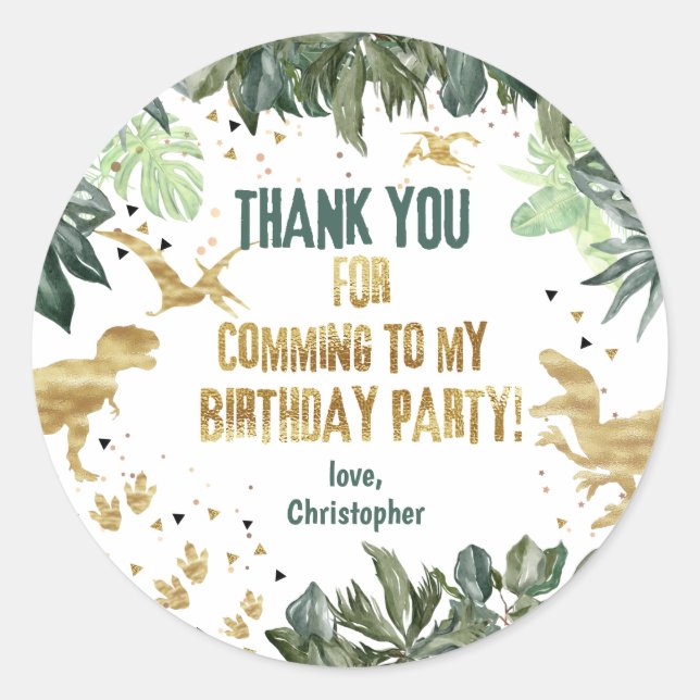 Sticker Rond Merci Dinosaur Anniversaire personnalisé (Devant)